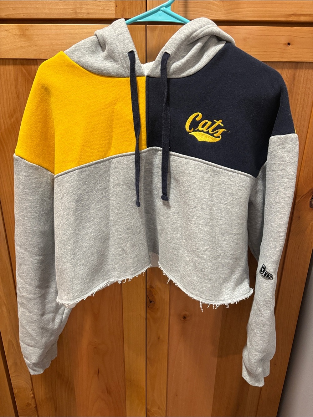 Montana State University Cats Cropped Colorblock Hoodie - Yellow, Navy & Gray